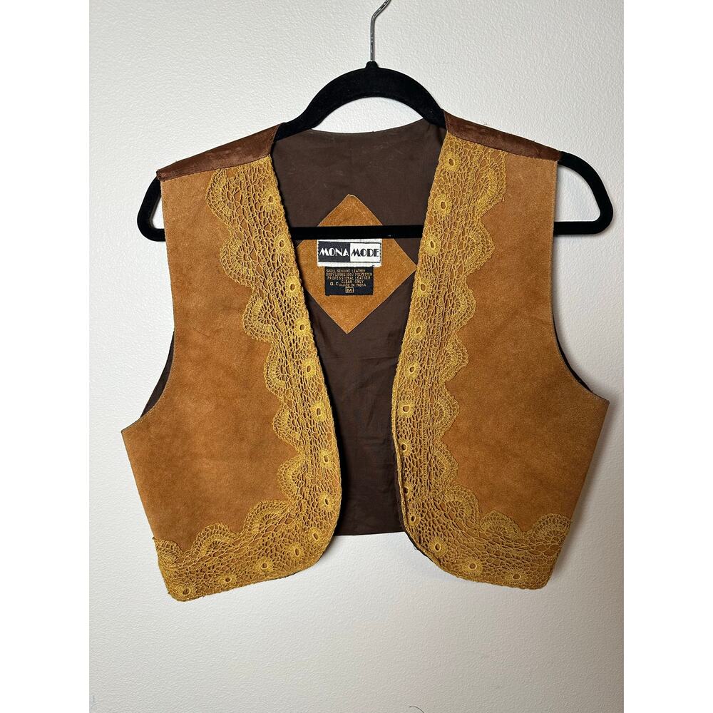 Mona Mode Genuine Suede Leather Lace Trim Vest Brown Boho Western Medium